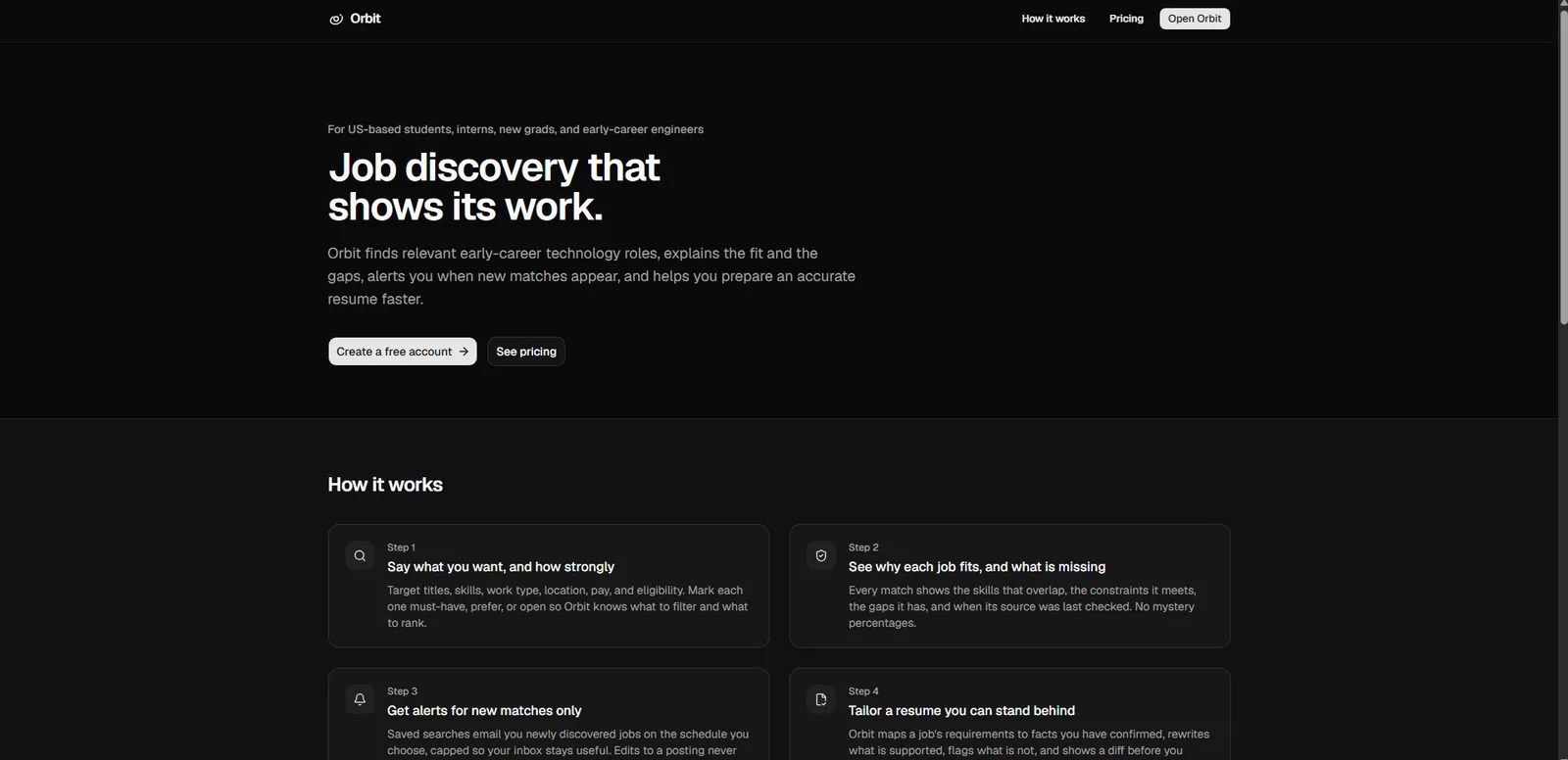 Orbit landing page: job discovery that shows its work